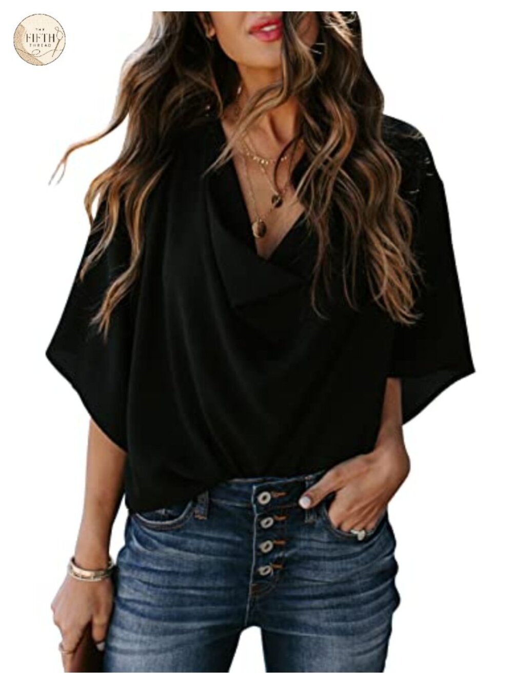 Women's V Neck Wrap Draped Front Blouse 3/4 Sleeve Work Top